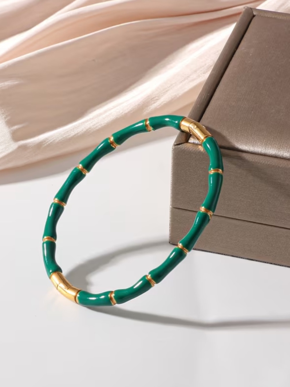 Green Enamel Bamboo-Style Bangle Bracelet with Gold Accents